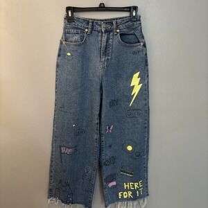 Wild Fable Highest Rise Wide Leg Ankle Raw Hem Graphics Size 00/24R Hippie Retro